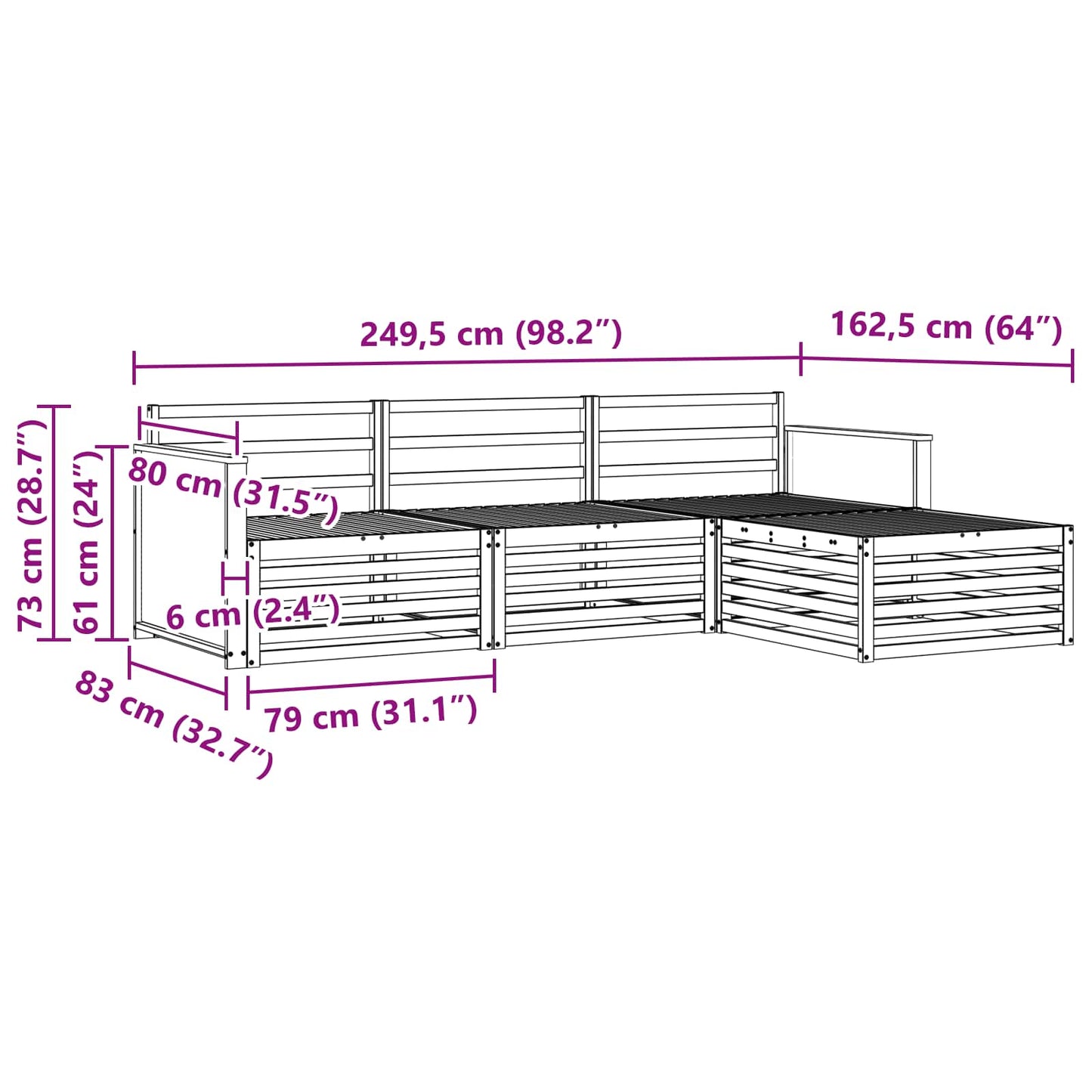 vidaXL Σειρά Καναπέ Εξωτερικού Φυσικό 249,5 x 162,5 x 73 εκ