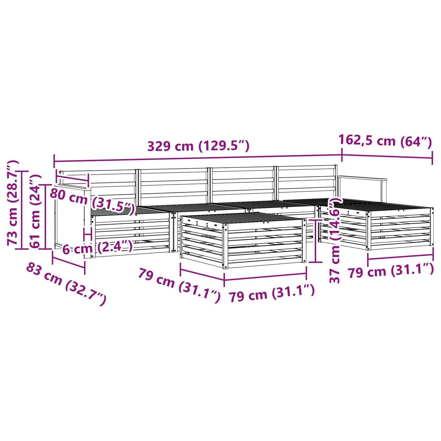 vidaXL Σειρά Καναπέ Εξωτερικού 6 pcs Φυσικό Στερεό Ξύλο Ακακίας