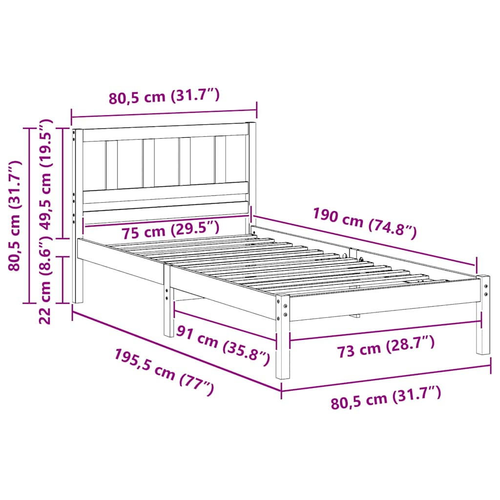vidaXL Σκελετός Κρεβατιού Καφέ 75 x 190 cm Στερεά ξυλεία πεύκου