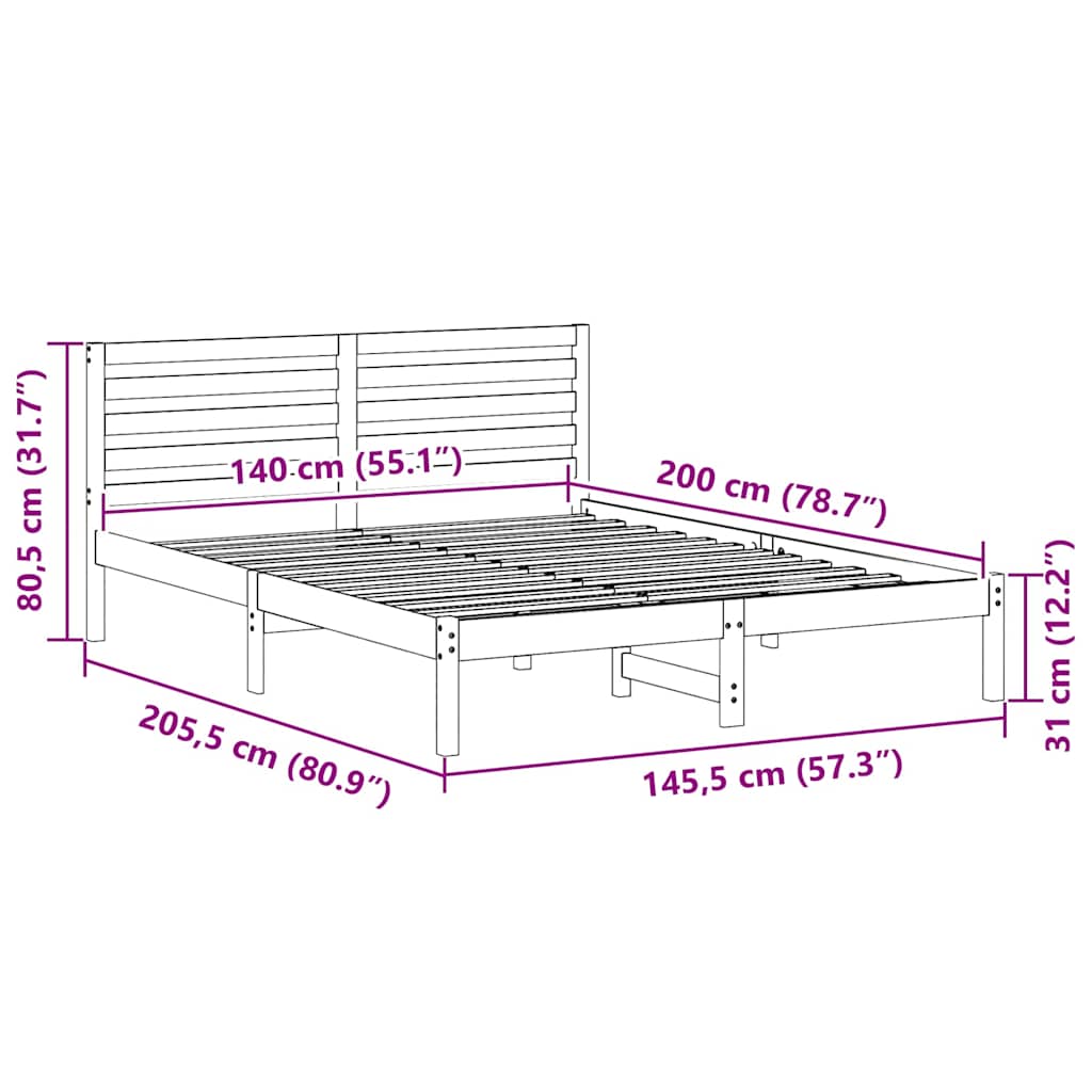 vidaXL Σκελετός Κρεβατιού Καφέ 140 x 200 cm Μασίφ ξύλο πεύκου