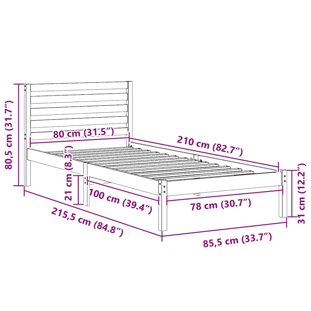 vidaXL Σκελετός Κρεβατιού Καφέ 80 x 210 cm Μασίφ ξύλο πεύκου