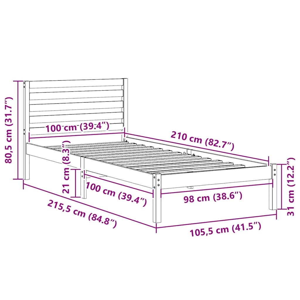 vidaXL Σκελετός Κρεβατιού Καφέ 100 x 210 cm Μασίφ ξύλο πεύκου