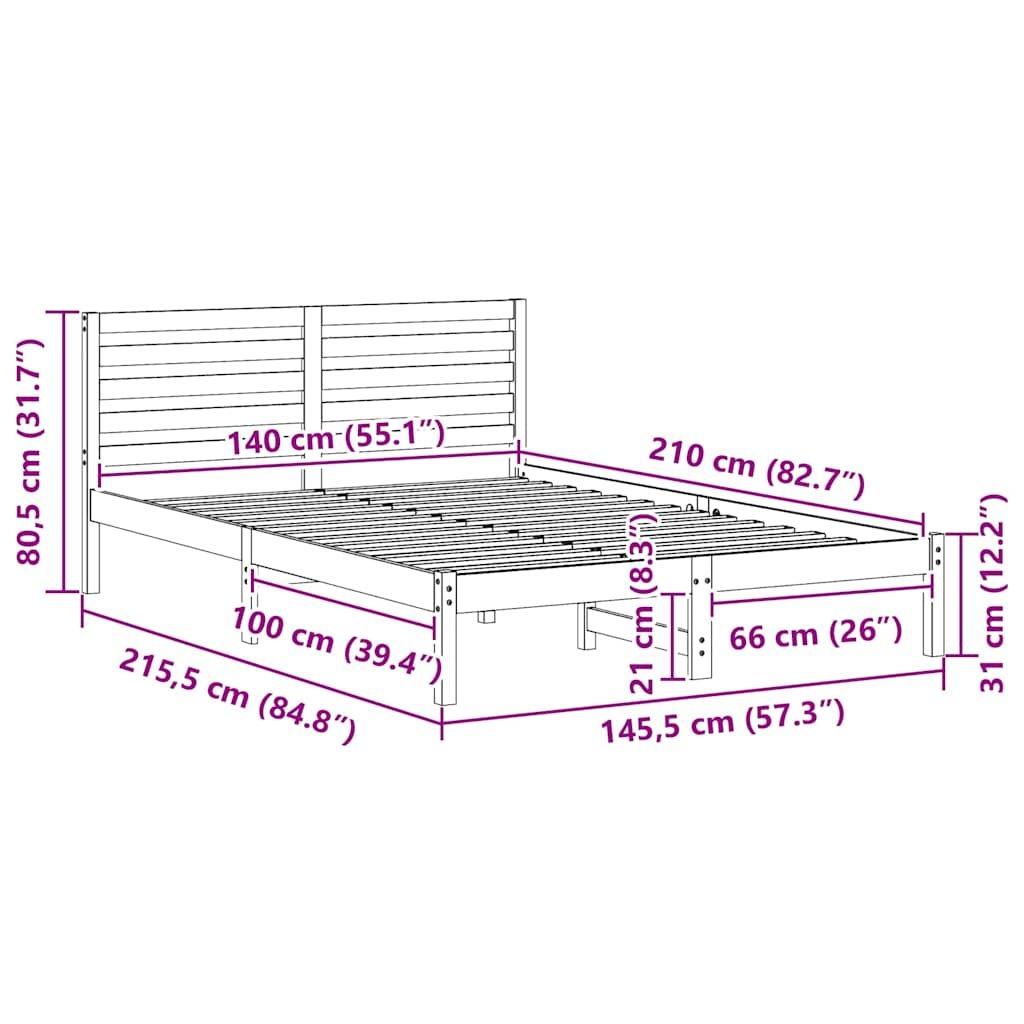 vidaXL Σκελετός Κρεβατιού Καφέ 140 x 210 cm Μασίφ ξύλο πεύκου