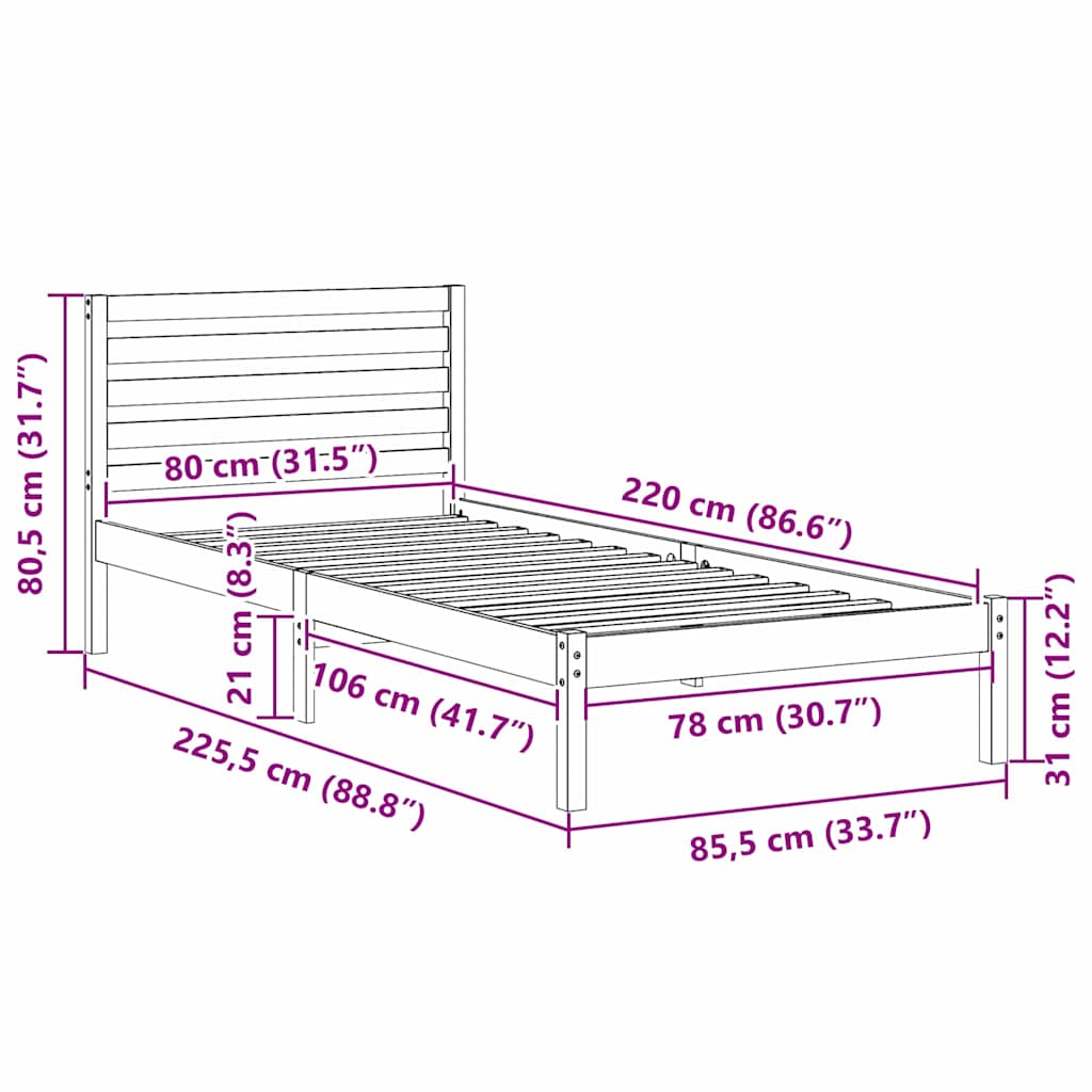 vidaXL Σκελετός Κρεβατιού Καφέ 80 x 220 cm Στερεά ξυλεία πεύκου