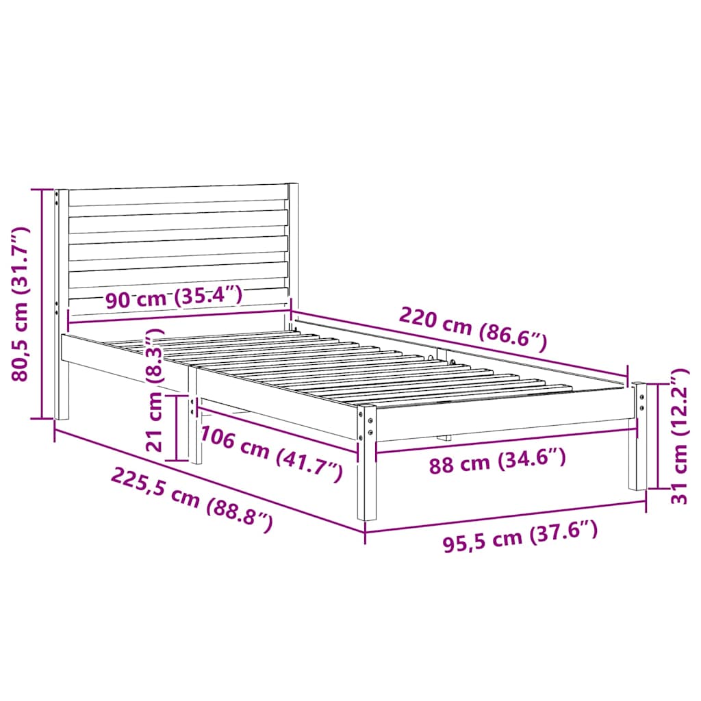 vidaXL Σκελετός Κρεβατιού Καφέ 90 x 220 cm Μασίφ ξύλο πεύκου
