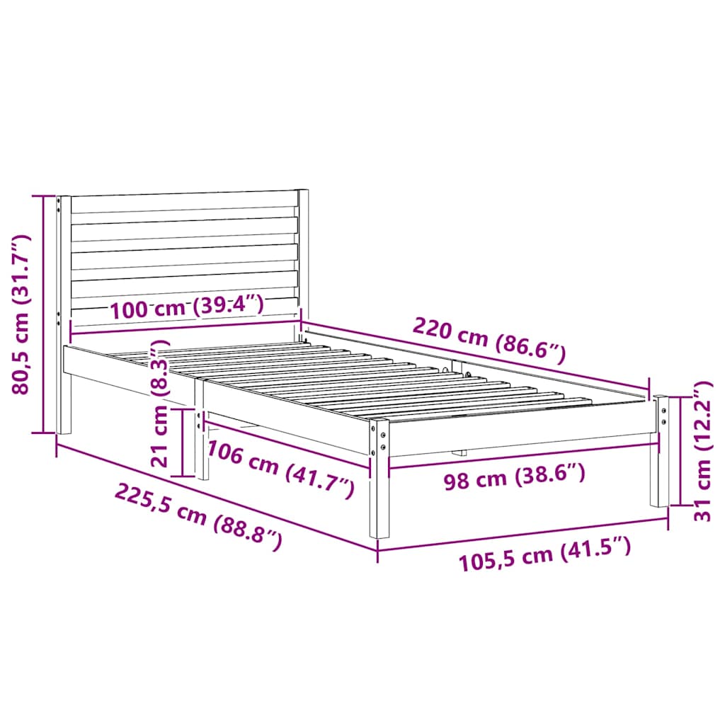 vidaXL Σκελετός Κρεβατιού Καφέ 100 x 220 cm Μασίφ ξύλο πεύκου