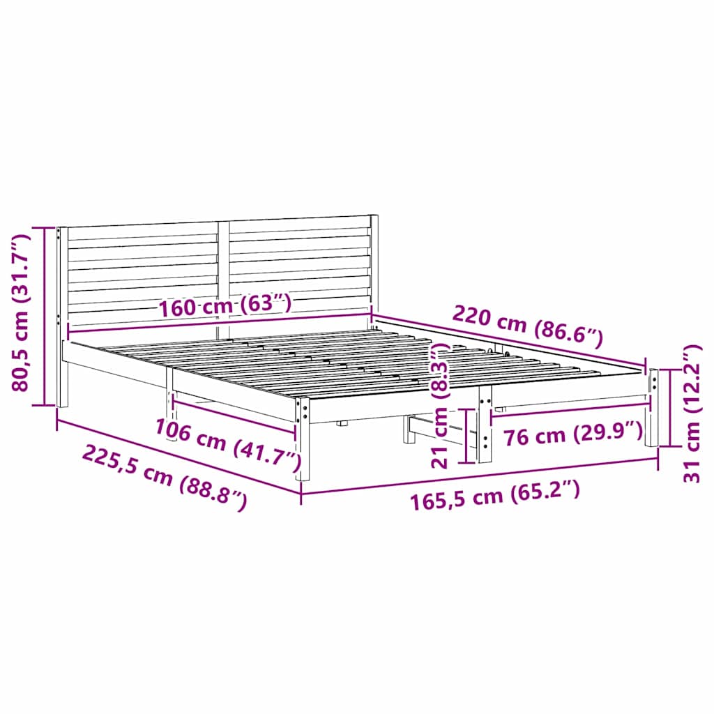 vidaXL Σκελετός Κρεβατιού Λευκό 160 x 220 cm Μασίφ ξύλο πεύκου