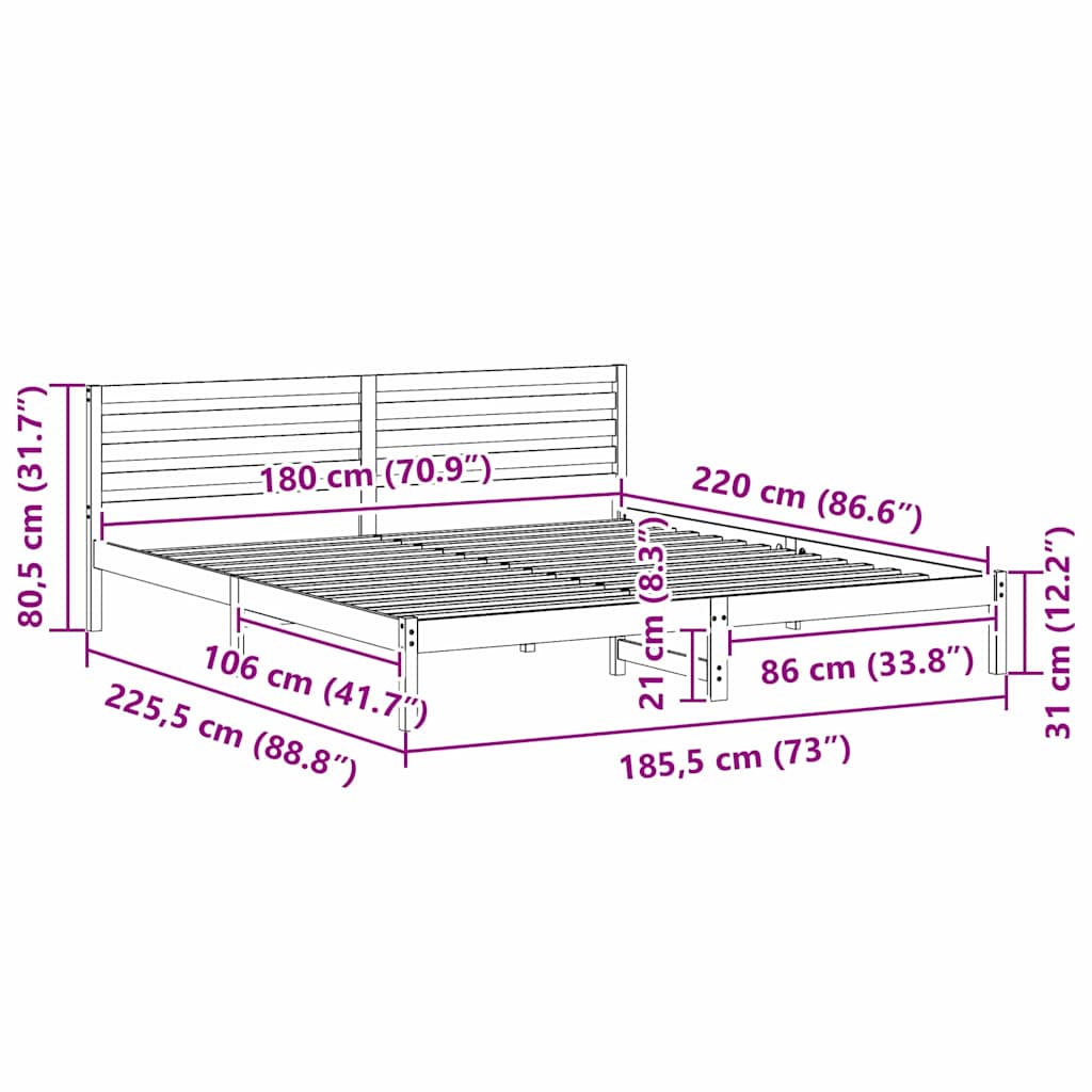 vidaXL Σκελετός Κρεβατιού Καφέ 180 x 220 εκ. Μασίφ ξύλο πεύκου