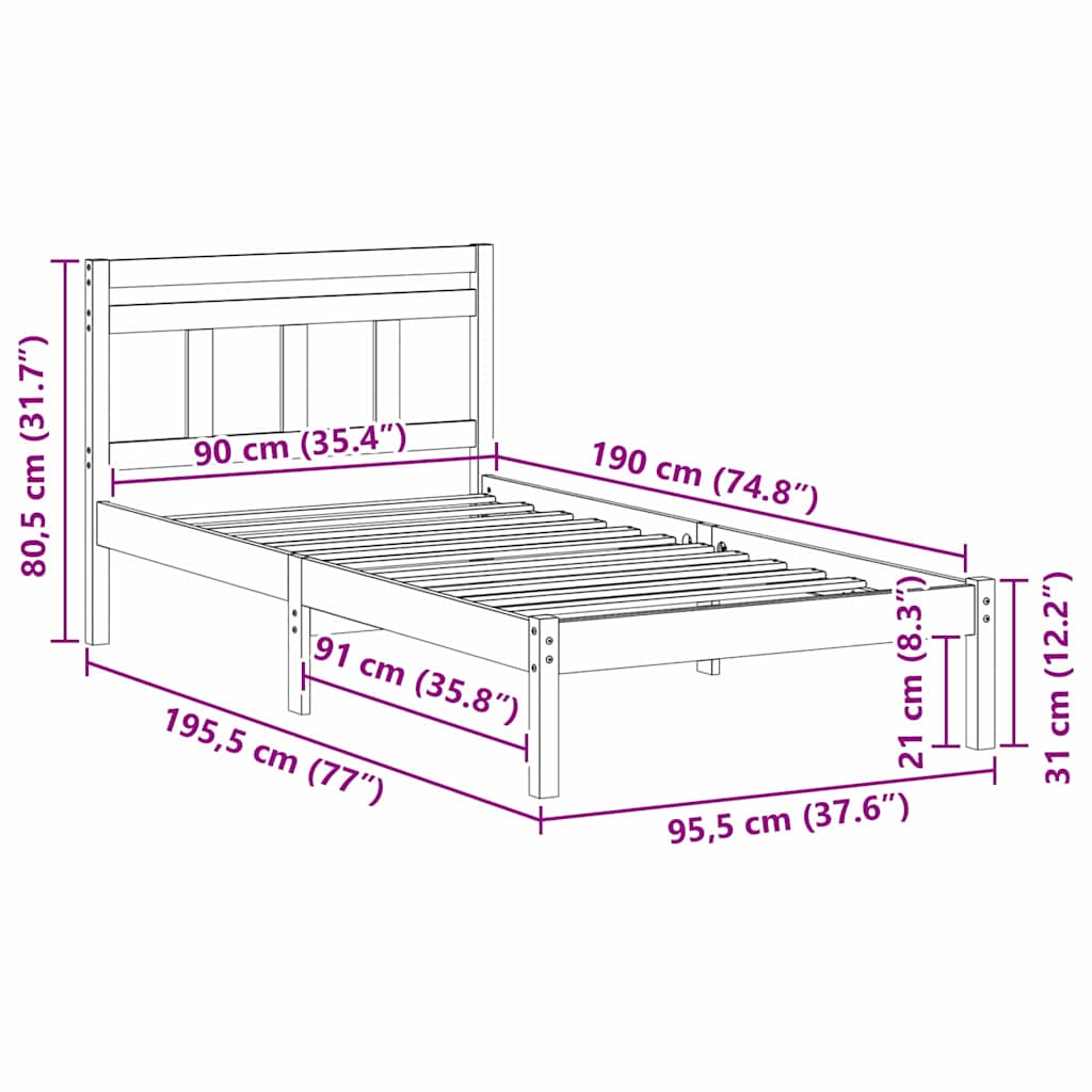vidaXL Σκελετός Κρεβατιού Καφέ 90 x 190 cm Στερεά ξυλεία πεύκου