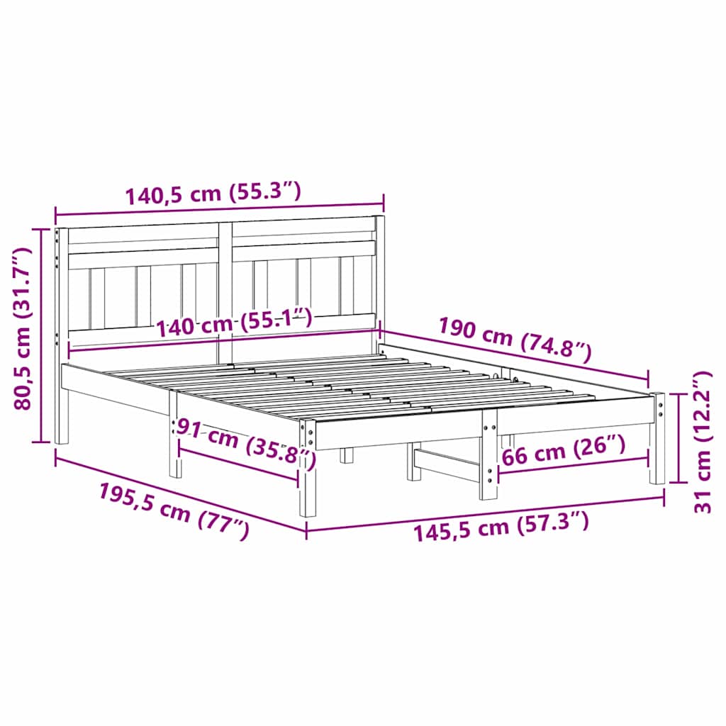 vidaXL Σκελετός Κρεβατιού Καφέ 140 x 190 cm Στερεά ξυλεία πεύκου