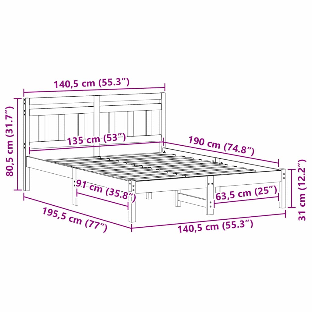 vidaXL Σκελετός Κρεβατιού Καφέ 135 x 190 cm Στερεά ξυλεία πεύκου