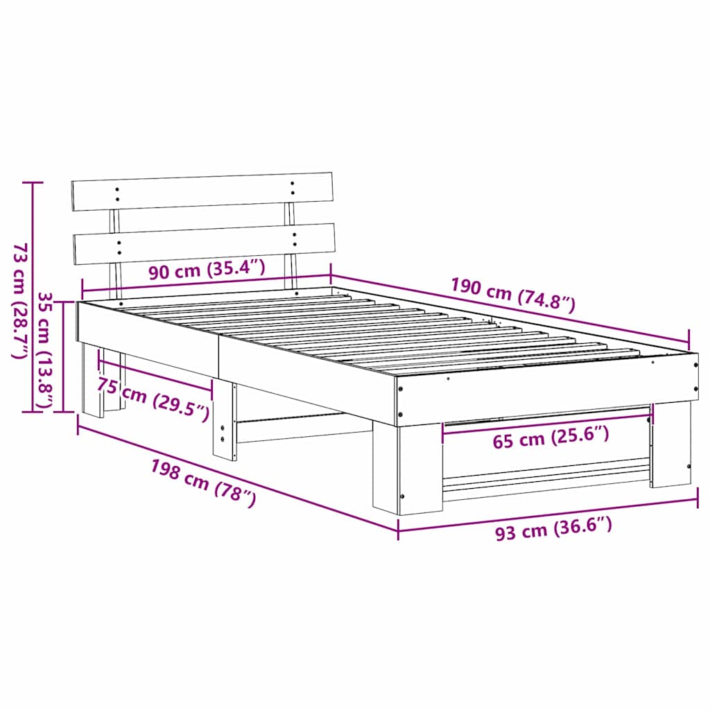 vidaXL Σκελετός Κρεβατιού Λευκό 90 x 190 cm Μασίφ ξύλο πεύκου
