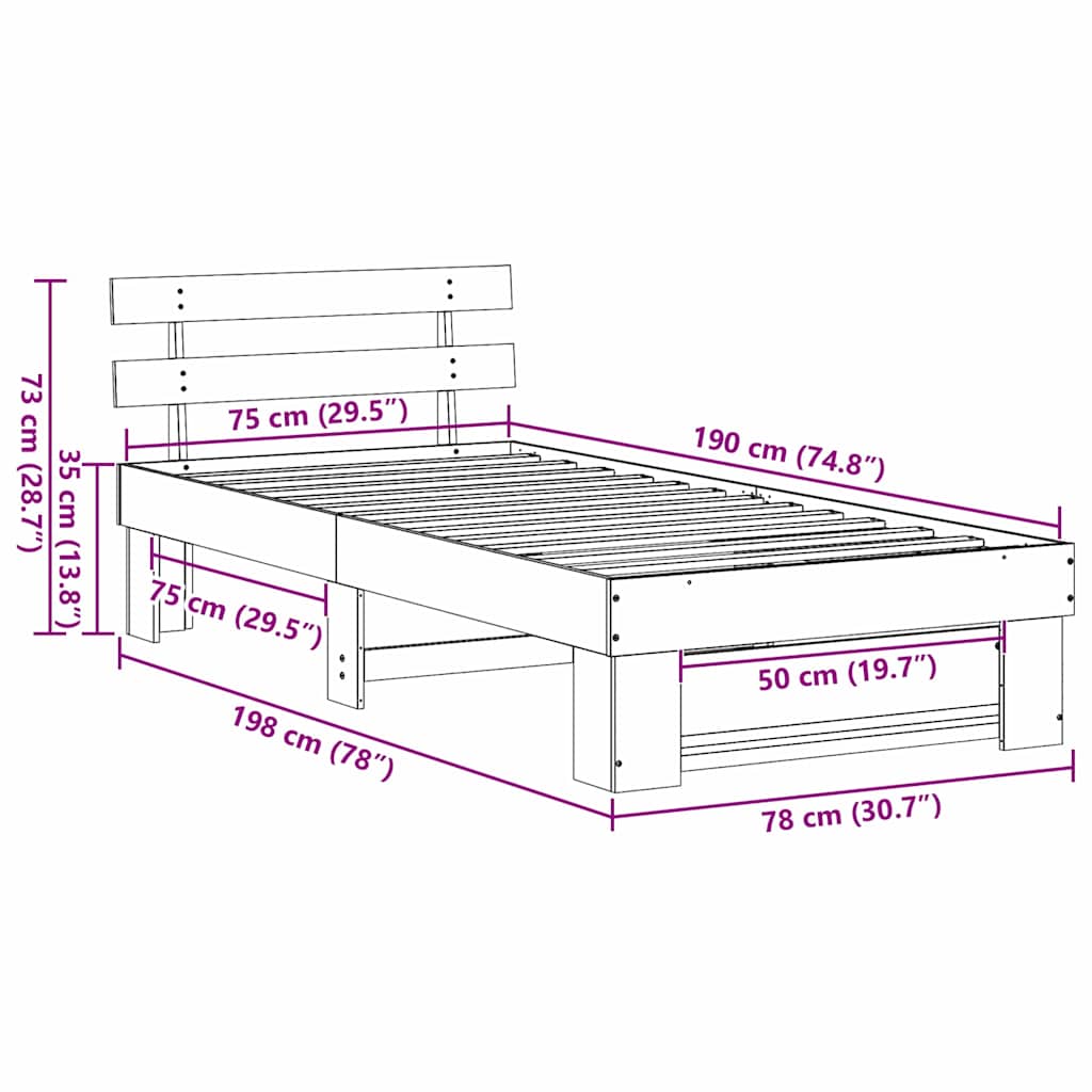 vidaXL Σκελετός Κρεβατιού Καφέ 75 x 190 cm Μασίφ ξύλο πεύκου