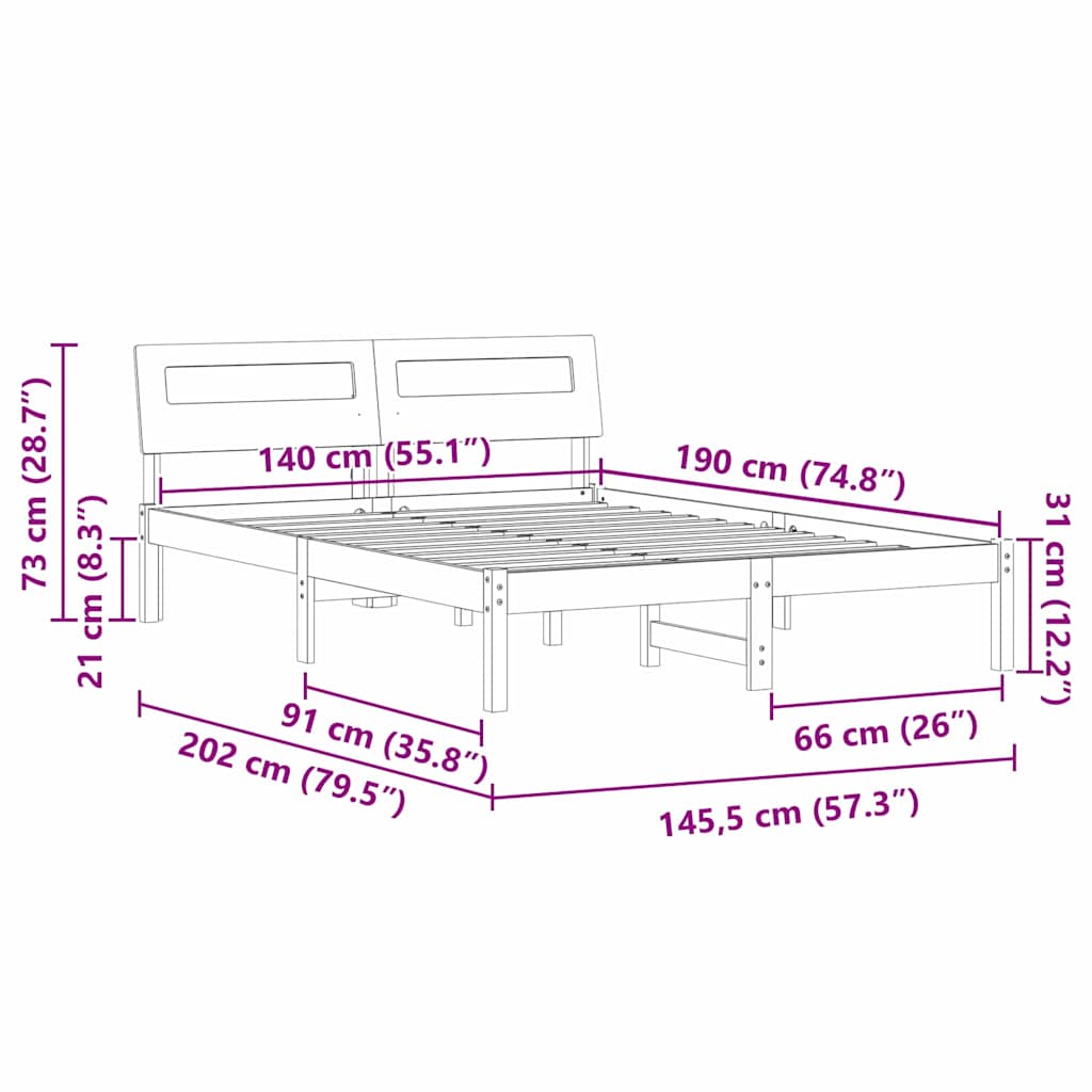 vidaXL Σκελετός Κρεβατιού Καφέ 140 x 190 cm Στερεά ξυλεία πεύκου