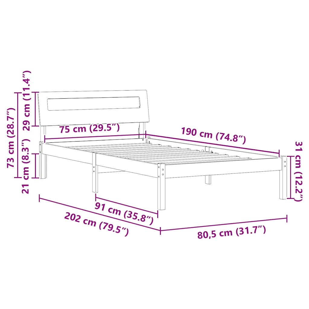 vidaXL Σκελετός Κρεβατιού Καφέ 75 x 190 cm Στερεά ξυλεία πεύκου