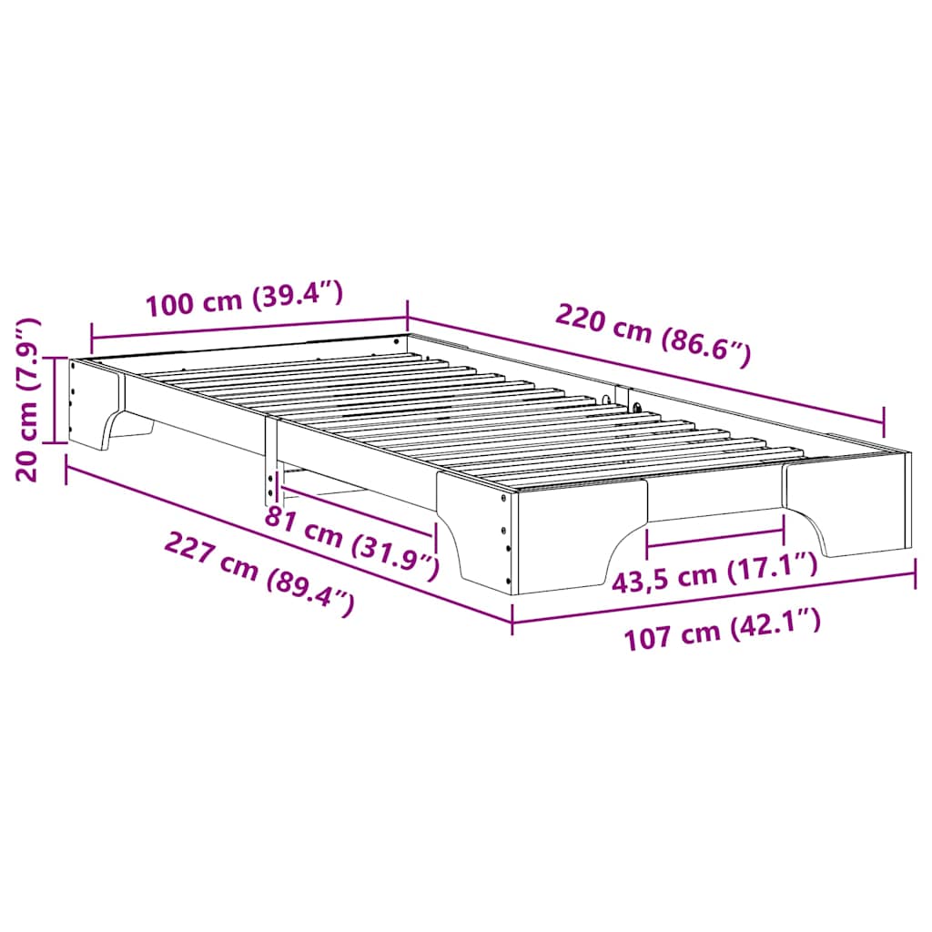 vidaXL Κρεβάτι δαπέδου Λευκό 100 x 220 cm Μασίφ ξύλο πεύκου