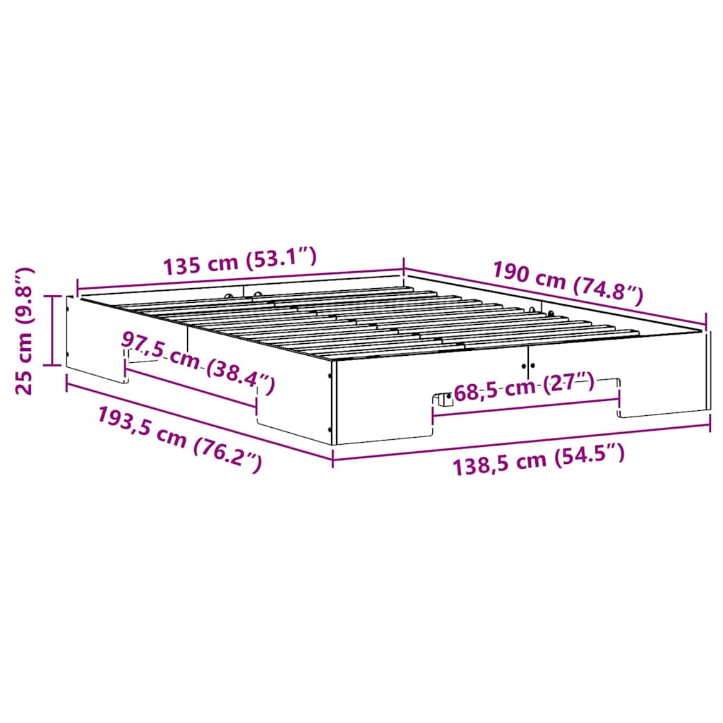 vidaXL Κρεβάτι δαπέδου Λευκό 135 x 190 cm Μασίφ ξύλο πεύκου