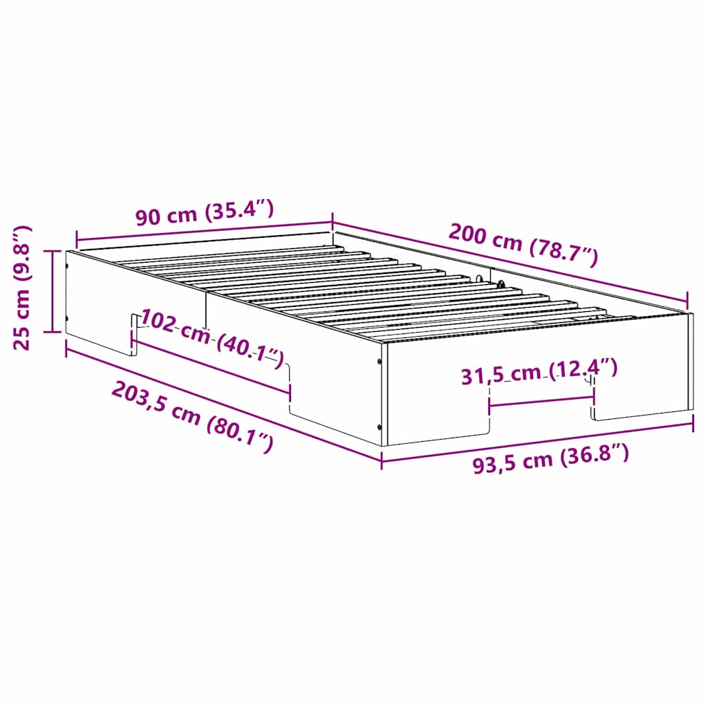 vidaXL Κρεβάτι δαπέδου Λευκό 90 x 200 cm Μασίφ ξύλο πεύκου