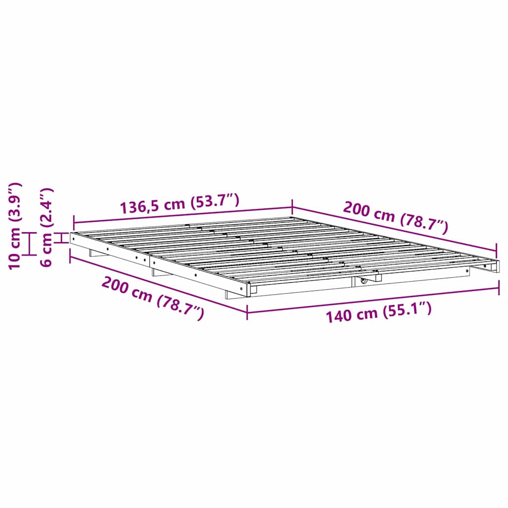 vidaXL Κρεβάτι δαπέδου Καφέ 140 x 200 cm Μασίφ ξύλο πεύκου
