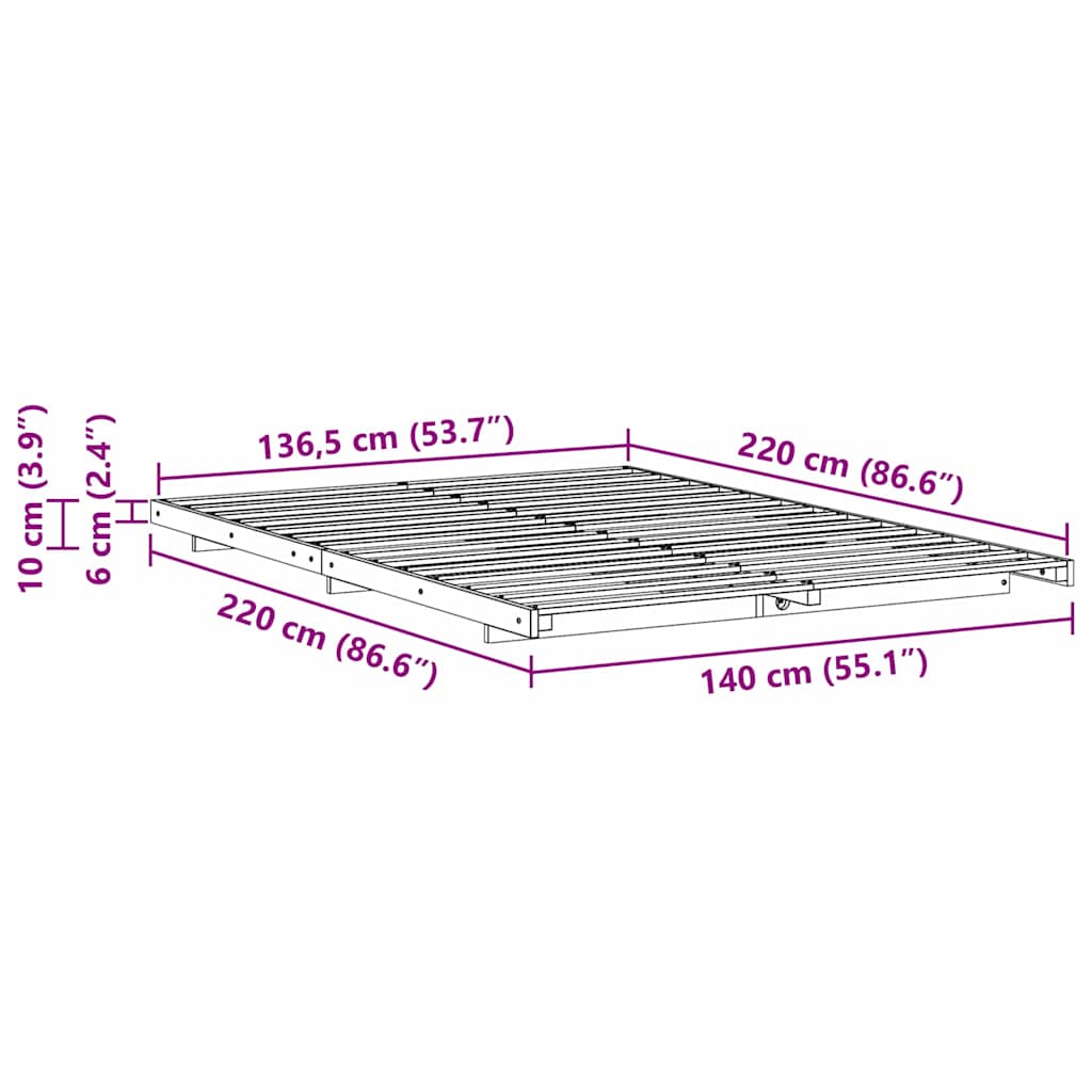 vidaXL Κρεβάτι δαπέδου Καφέ 140 x 220 cm Μασίφ ξύλο πεύκου