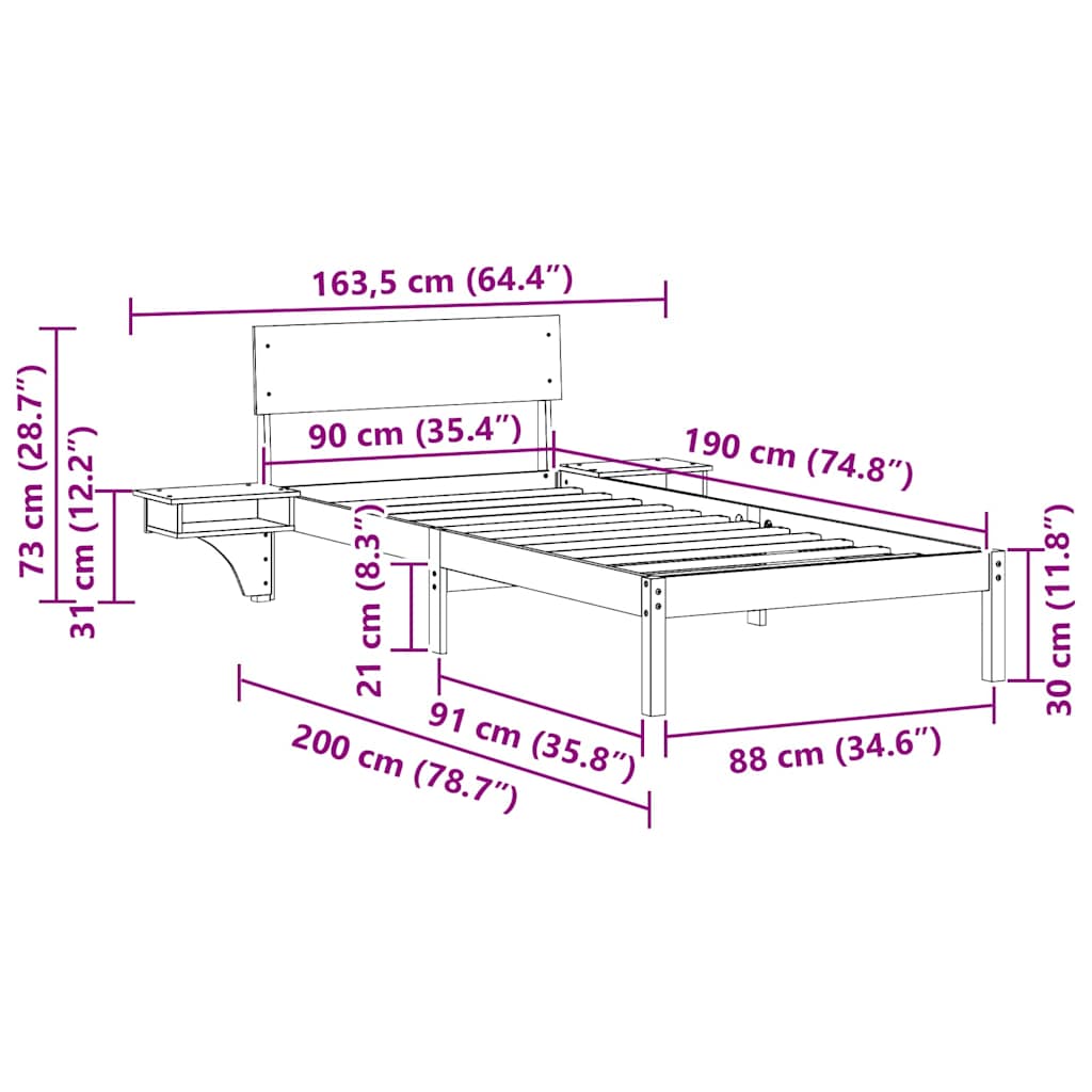vidaXL Σκελετός Κρεβατιού Καφέ 90 x 190 cm Στερεά ξυλεία πεύκου