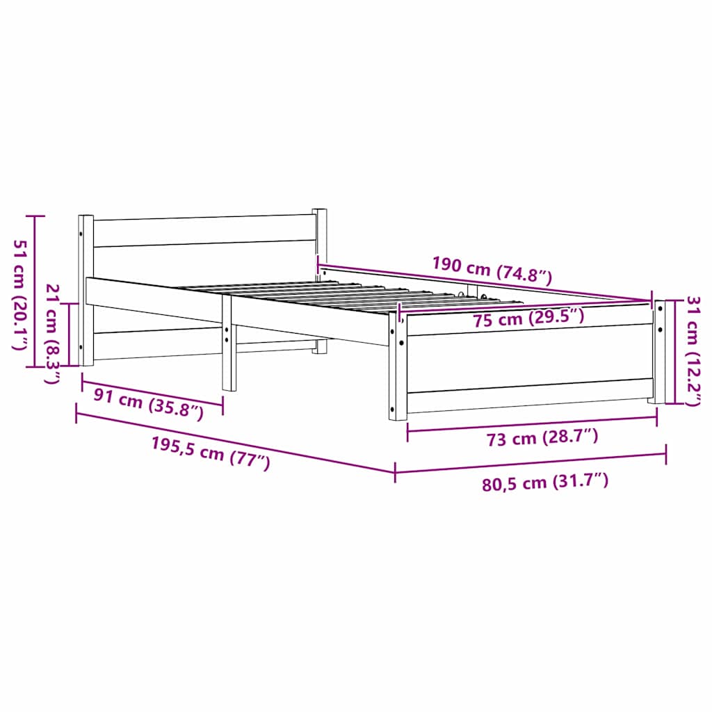 vidaXL Σκελετός Κρεβατιού Κερωτό καφέ 205.5 x 95.5 x 51 εκ.