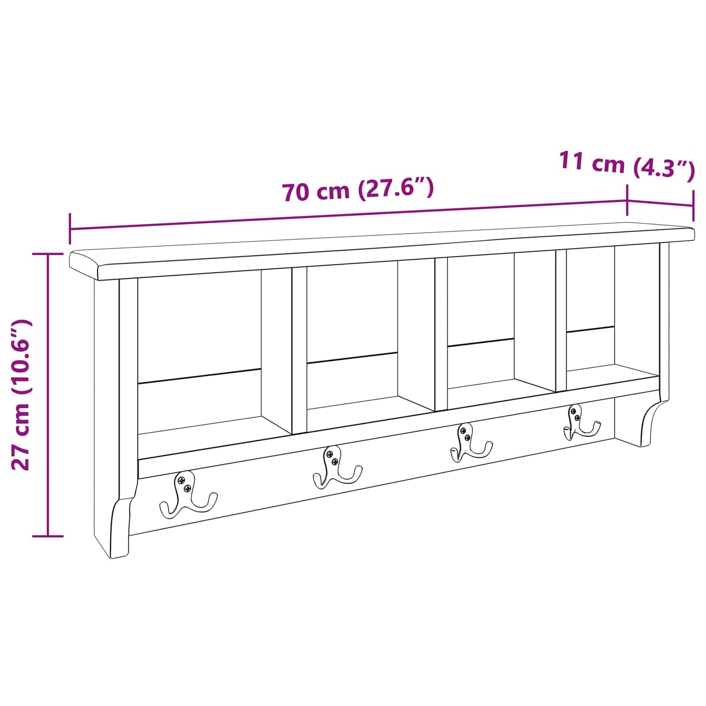 vidaXL Κρεμάστρα Καφέ 70 x 11 x 27 εκ. Στερεό ξύλο Μαόνι
