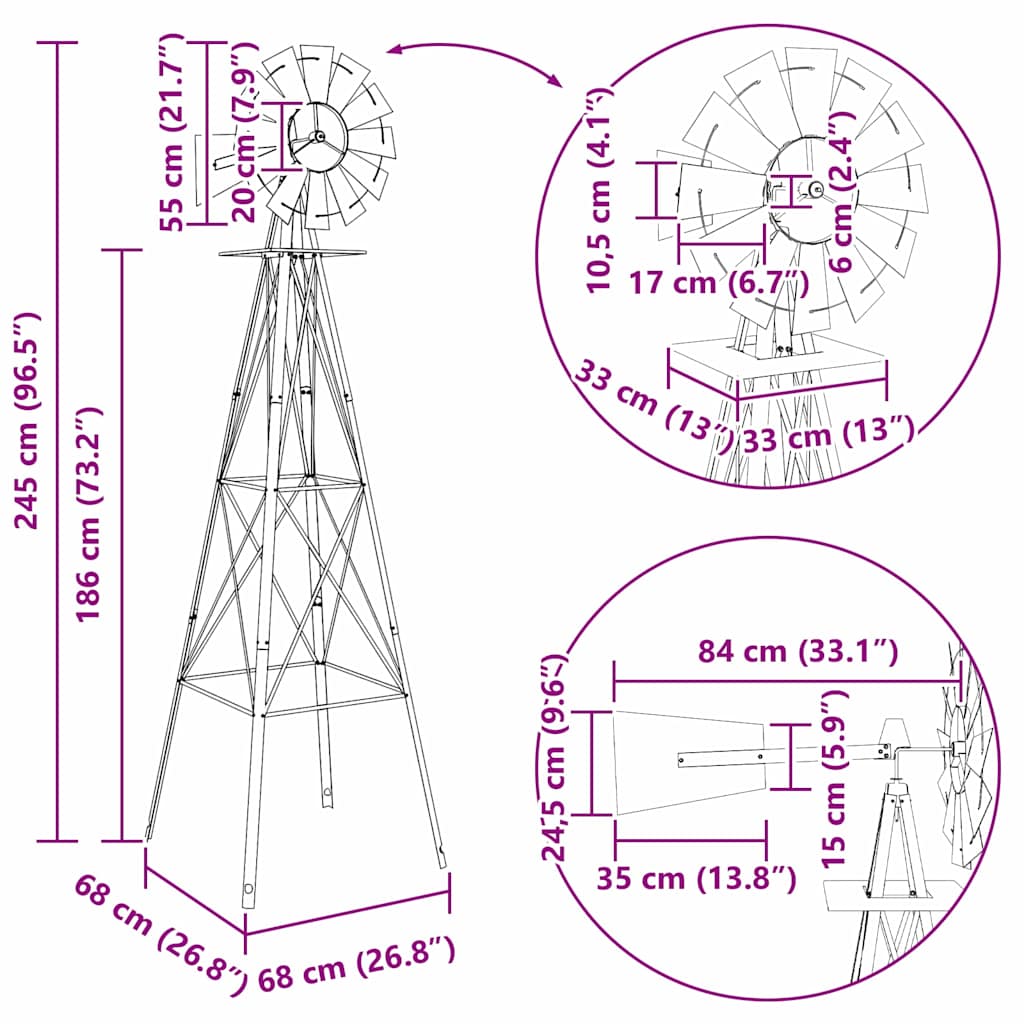 vidaXL Ανεμόμυλος Γκρι 84 x 68 x 245 εκ. Σίδερο