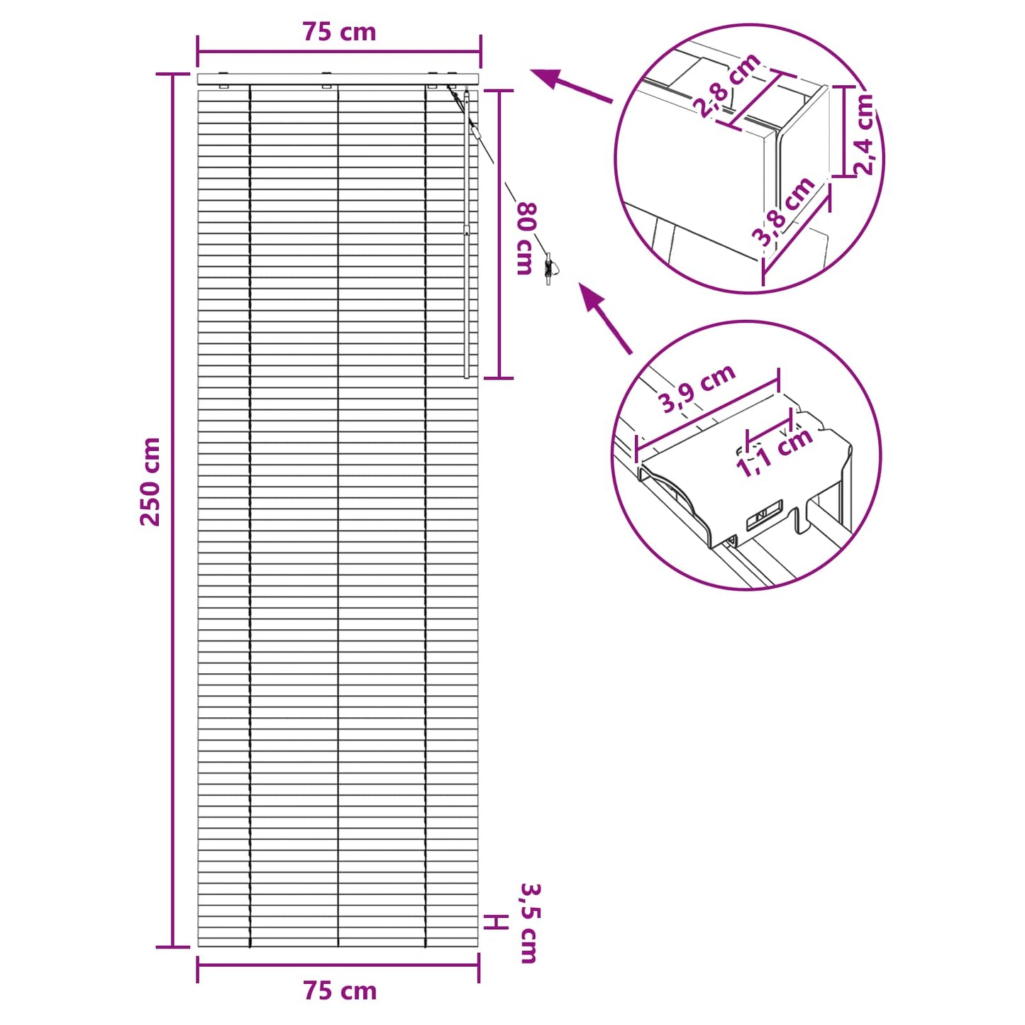 vidaXL Βενετσιάνικη Σκίαση Μαύρο 75 x 250 εκ. 35 mm