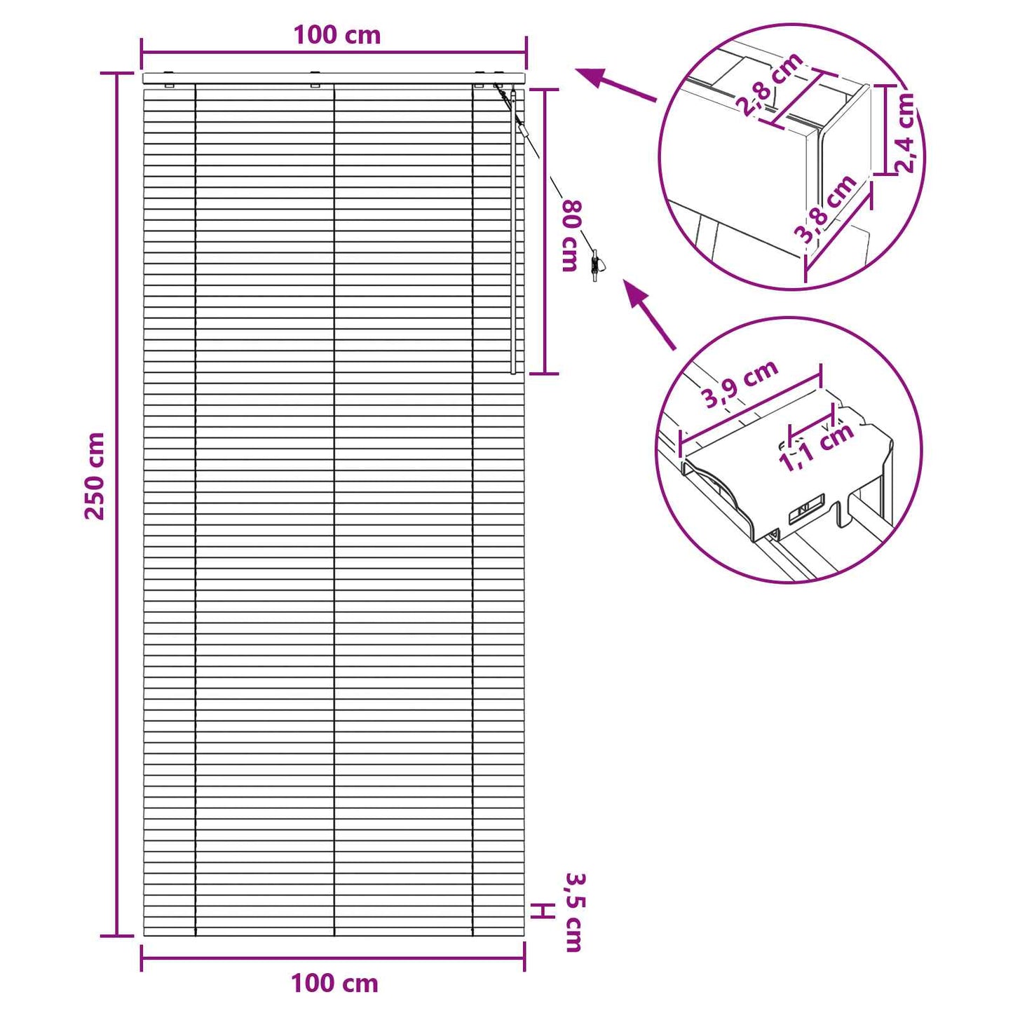 vidaXL Βενετσιάνικη Σκίαση Μαύρο 100 x 250 cm 35 mm