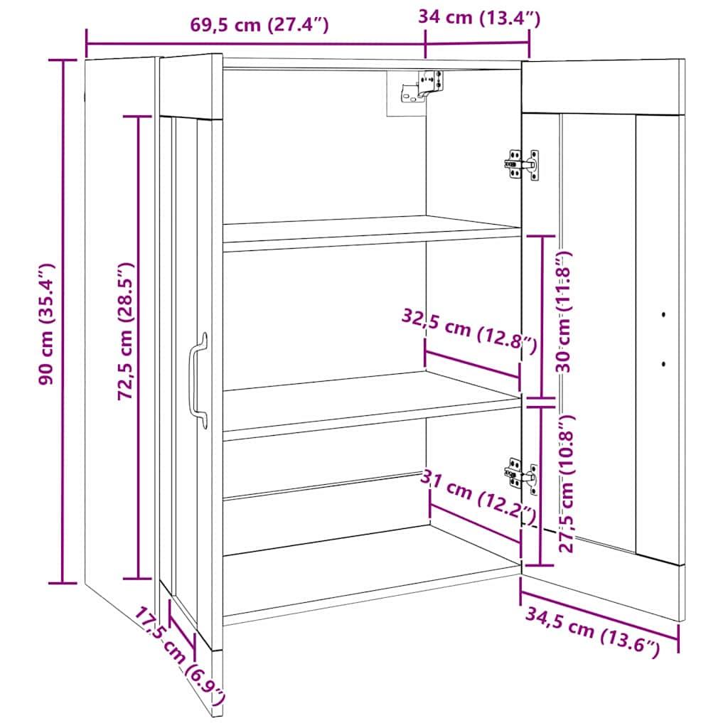 vidaXL Κρεμαστό Έπιπλο Τοίχου Επιτοίχιο Καφέ 69.5 x 34 x 90 εκ.