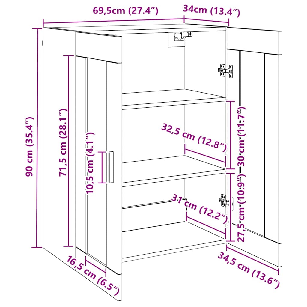 vidaXL Επιτοίχιο ντουλάπι Μαύρο 69,5 x 34 x 90 εκ. Επεξεργασμένο ξύλο