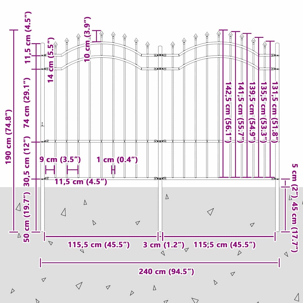 vidaXL Φράχτης Κήπου Γκρι 190 εκ. Ατσάλι με Επικάλυψη Πούδρας