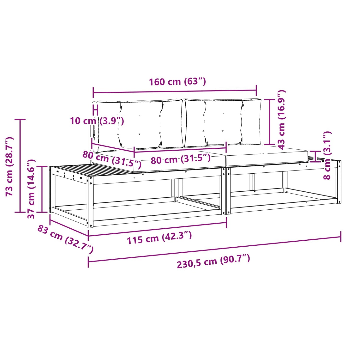 vidaXL Σειρά Καναπέ Εξωτερικού Λευκό 230,5 x 83 x 73 εκ Πολυεστέρας