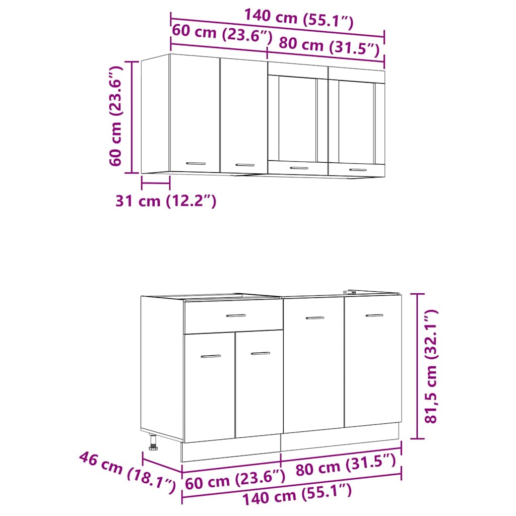 vidaXL Σετ ντουλαπιών κουζίνας 4 pcs Γκρι sonoma 140 x 46 x 81.5 εκ