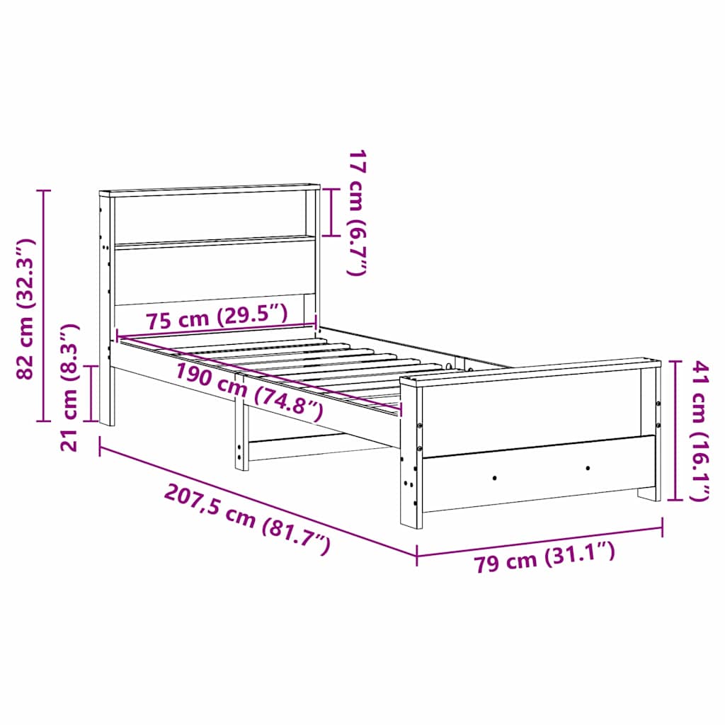 vidaXL Σκελετός Κρεβατιού Κερωτό καφέ 75 x 190 cm Επεξεργασμένο ξύλο