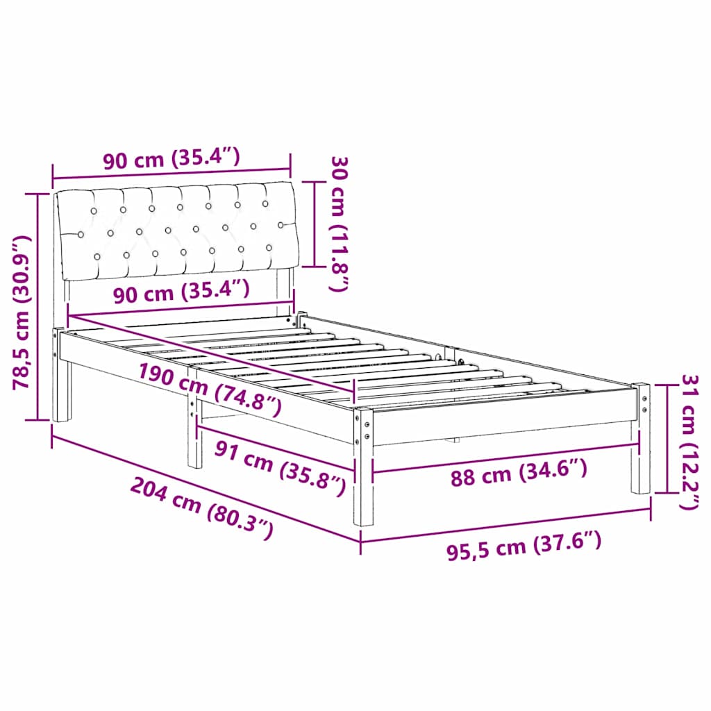 vidaXL Σκελετός Κρεβατιού Καφέ και μαύρο 90 x 190 cm Μασίφ ξύλο πεύκου