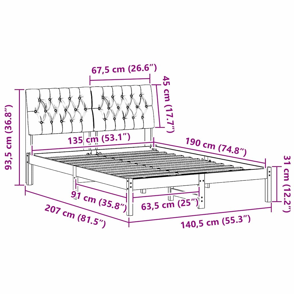 vidaXL Σκελετός Κρεβατιού με Επενδεδυμένο Κεφαλάρι Καφέ 135 x 190 cm