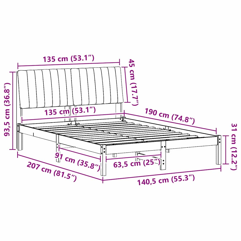 vidaXL Σκελετός Κρεβατιού Καφέ 135 x 190 cm Στερεά ξυλεία πεύκου