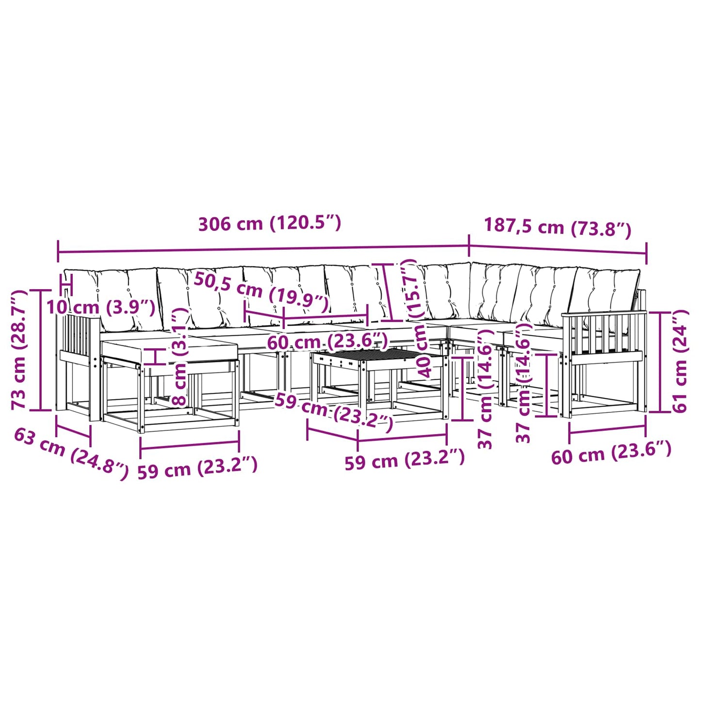 vidaXL Σειρά Καναπέ Εξωτερικού με μαξιλάρι 9 pcs Λευκό και Κρεμ