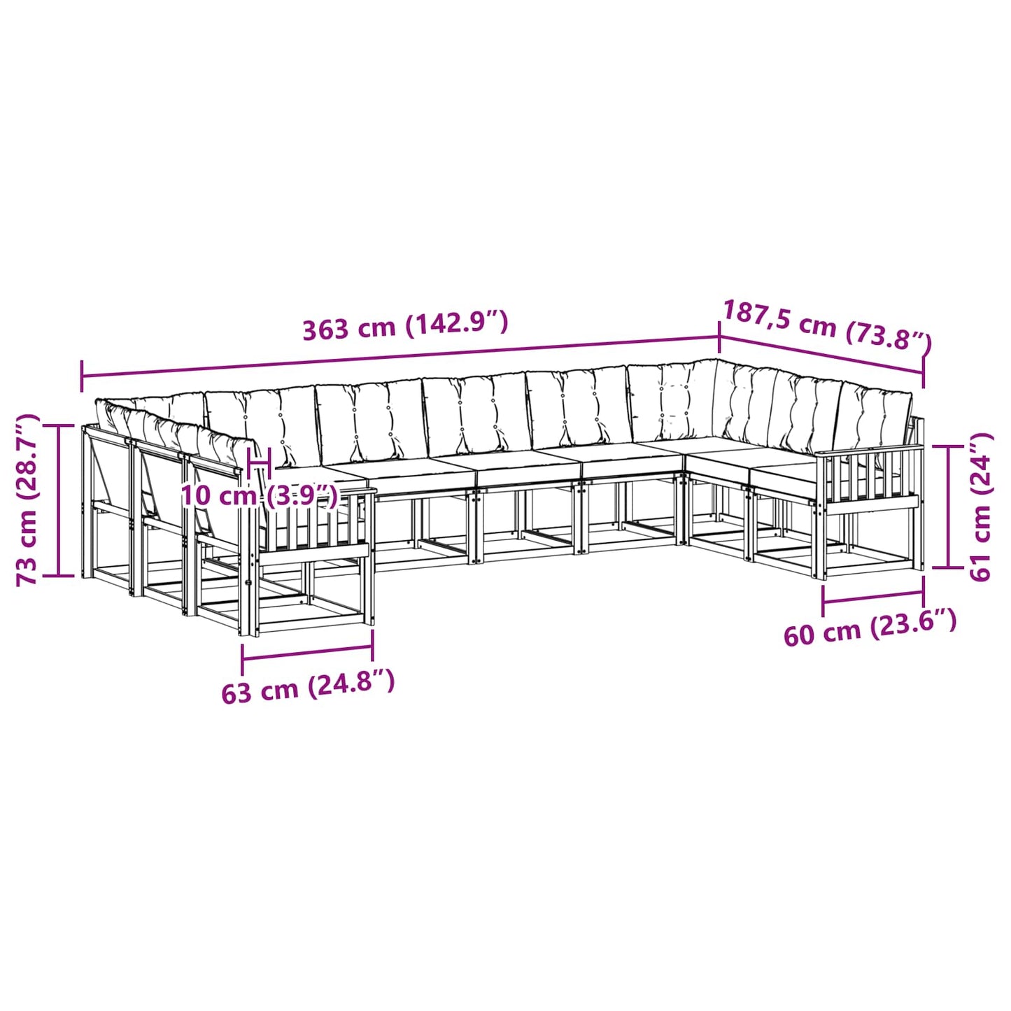 vidaXL Σειρά Καναπέ Εξωτερικού με μαξιλάρι 10 pcs Λευκό και Κρεμ