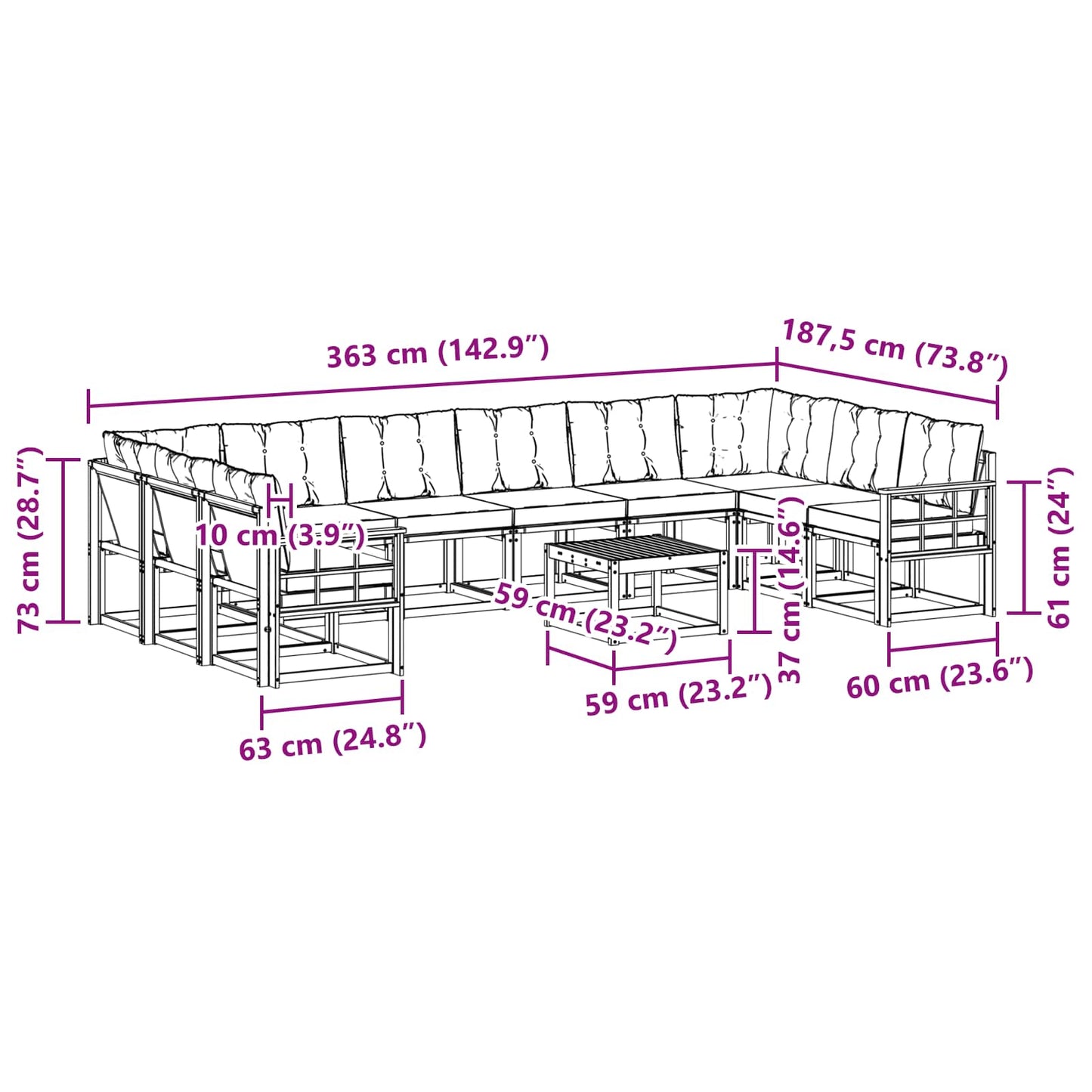 vidaXL Σειρά Καναπέ Εξωτερικού με μαξιλάρι 11 pcs Λευκό και Μαύρο