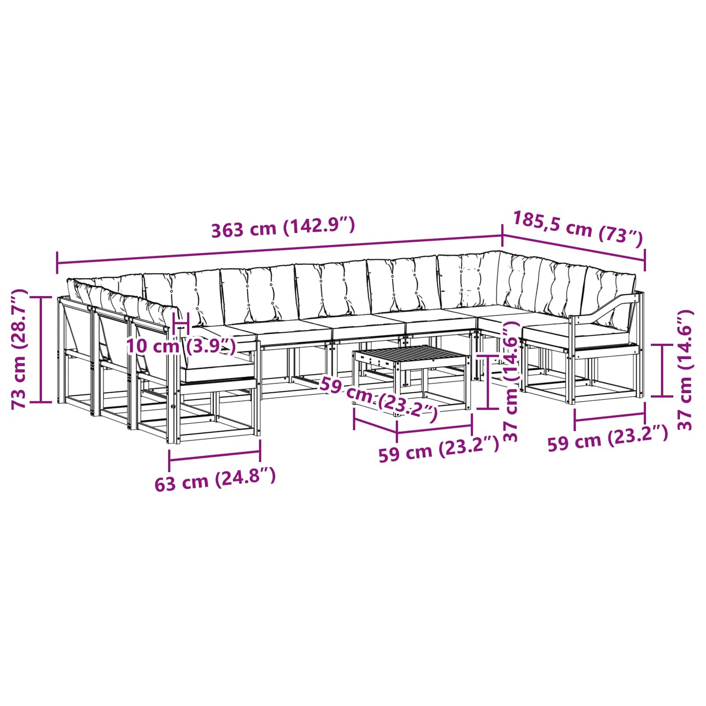 vidaXL Σειρά Καναπέ Εξωτερικού με μαξιλάρι 11 pcs Λευκό και Μαύρο