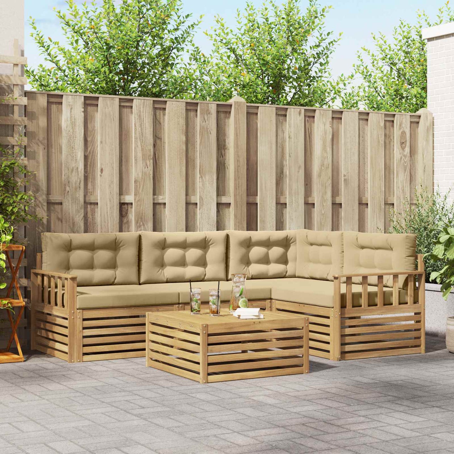 vidaXL Σειρά Καναπέ Εξωτερικού 6 pcs Λευκό και Μπεζ Πολυεστέρας