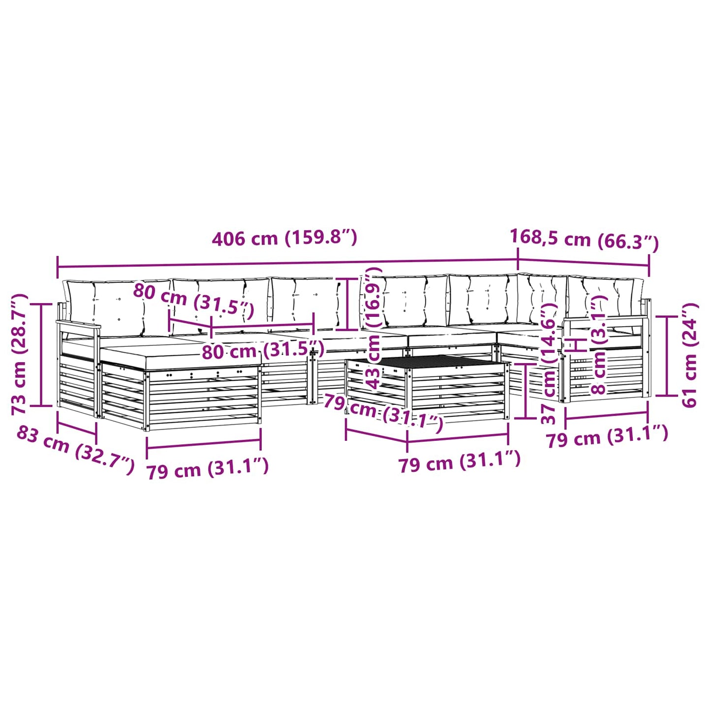 vidaXL Σειρά Καναπέ Εξωτερικού με μαξιλάρι 8 pcs Λευκό και Κρεμ