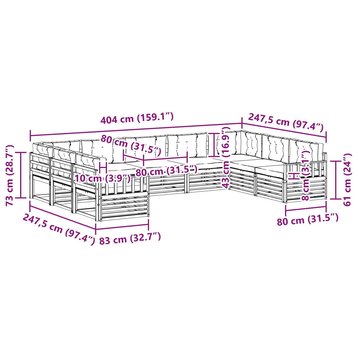 vidaXL Σειρά Καναπέ Εξωτερικού με μαξιλάρι 9 pcs Λευκό και Κρεμ