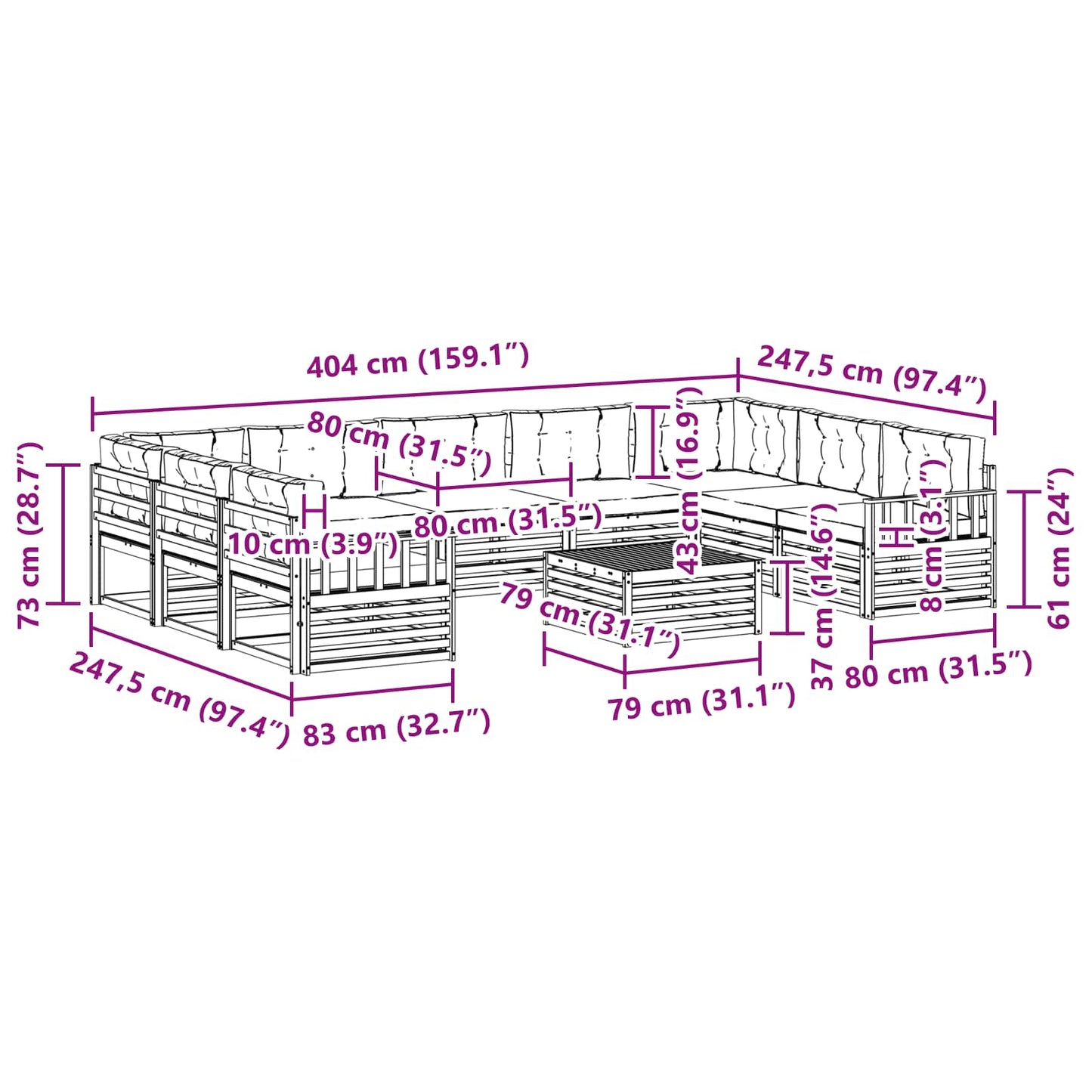 vidaXL Σειρά Καναπέ Εξωτερικού με μαξιλάρι 10 pcs Λευκό και Κρεμ