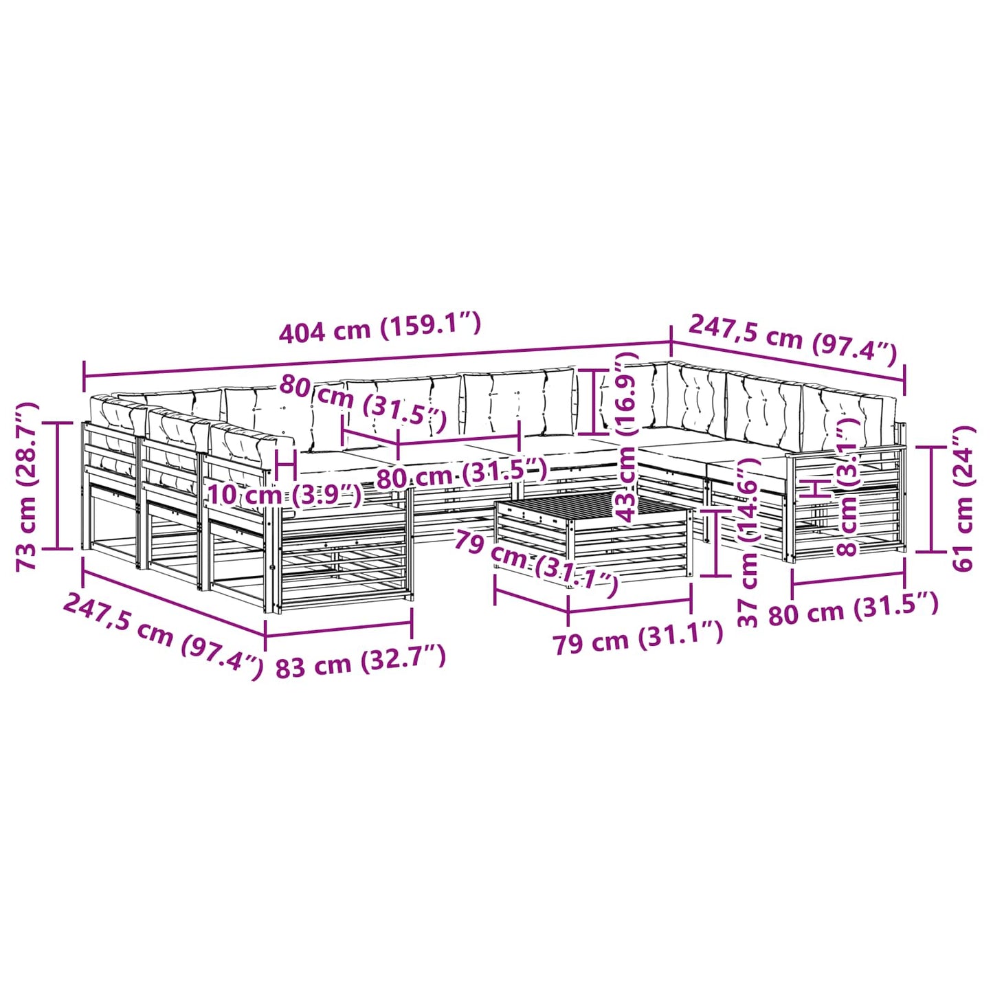vidaXL Σειρά Καναπέ Εξωτερικού με μαξιλάρι 10 pcs Λευκό και Κρεμ