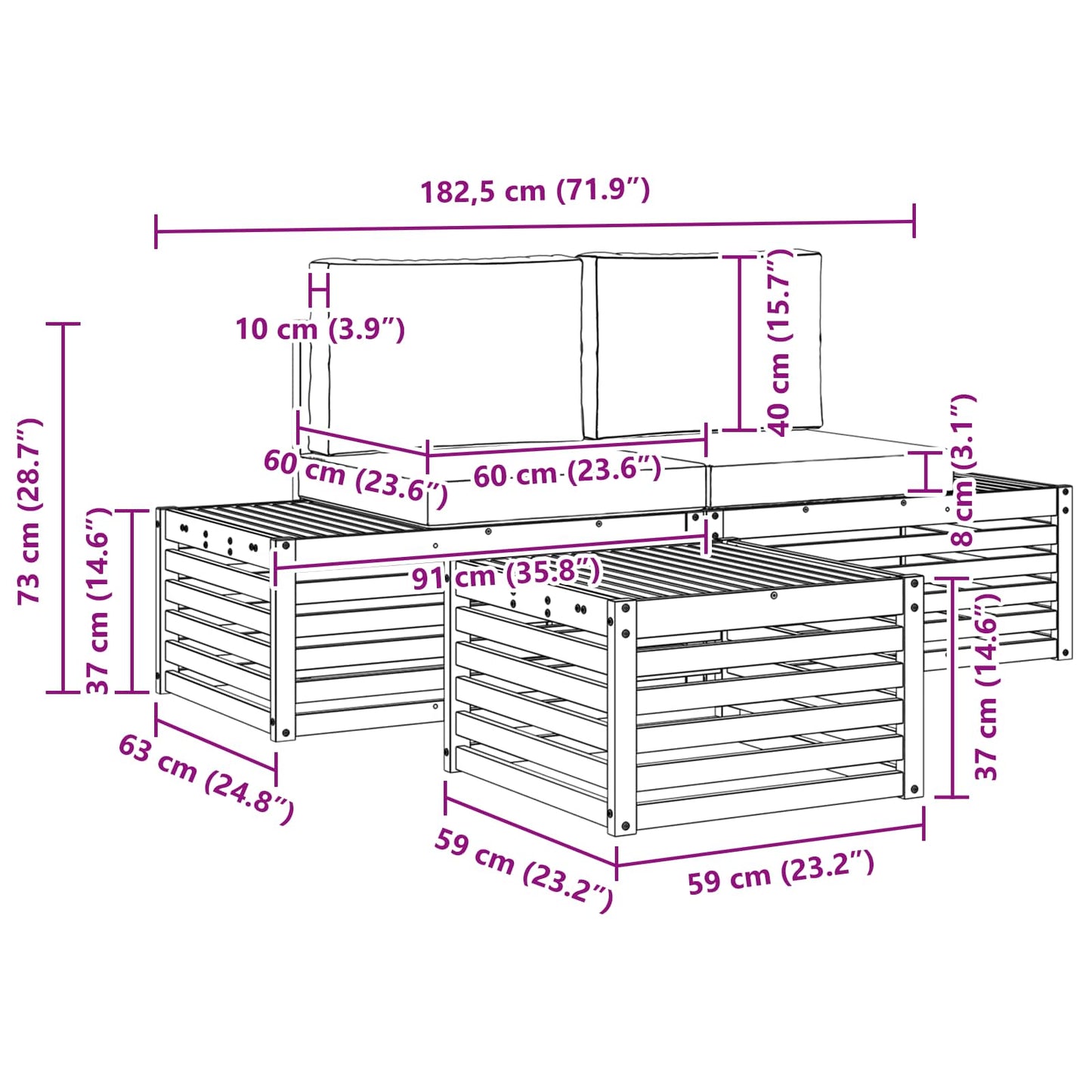 vidaXL Σειρά Καναπέ Εξωτερικού Λευκό 59 x 59 x 37 εκ Πολυεστέρας