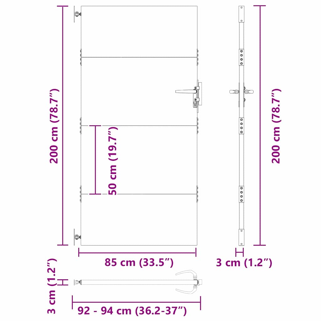 vidaXL Πύλη Κήπου Μαύρο 85 x 200 cm Ατσάλι με Επικάλυψη Πούδρας